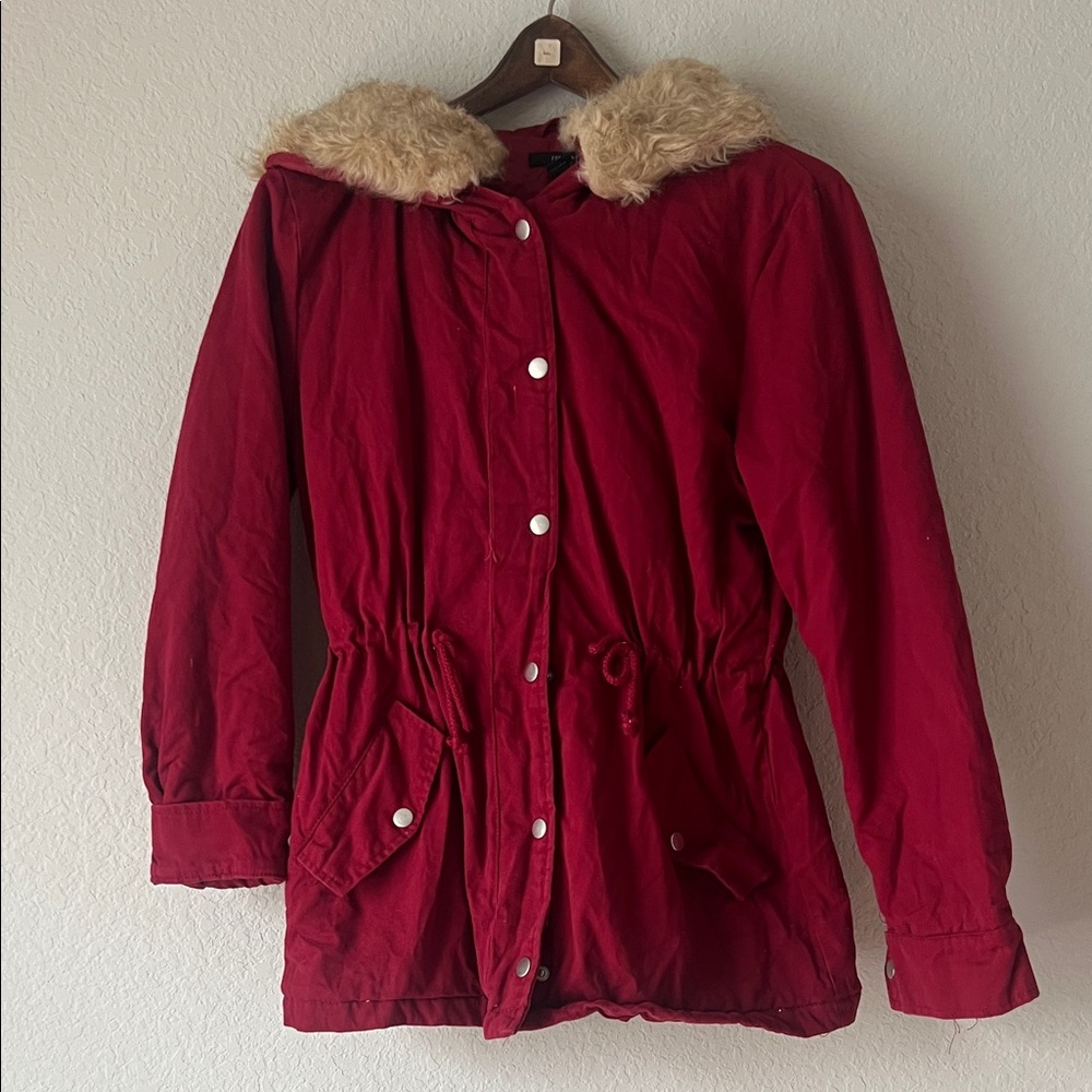 Forever 21 Red Utility Jacket with Fur Trim